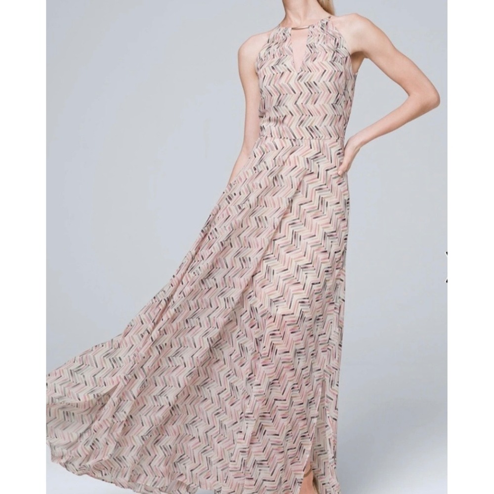 White House Black Market Pink Chevron Halter Maxi Dress Size 4 NWT